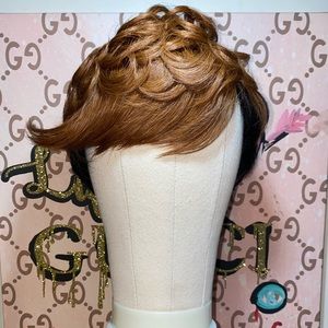 Human Hair Pixie Cut Wigs with Bangs Black with Brown Top Front 33# Color